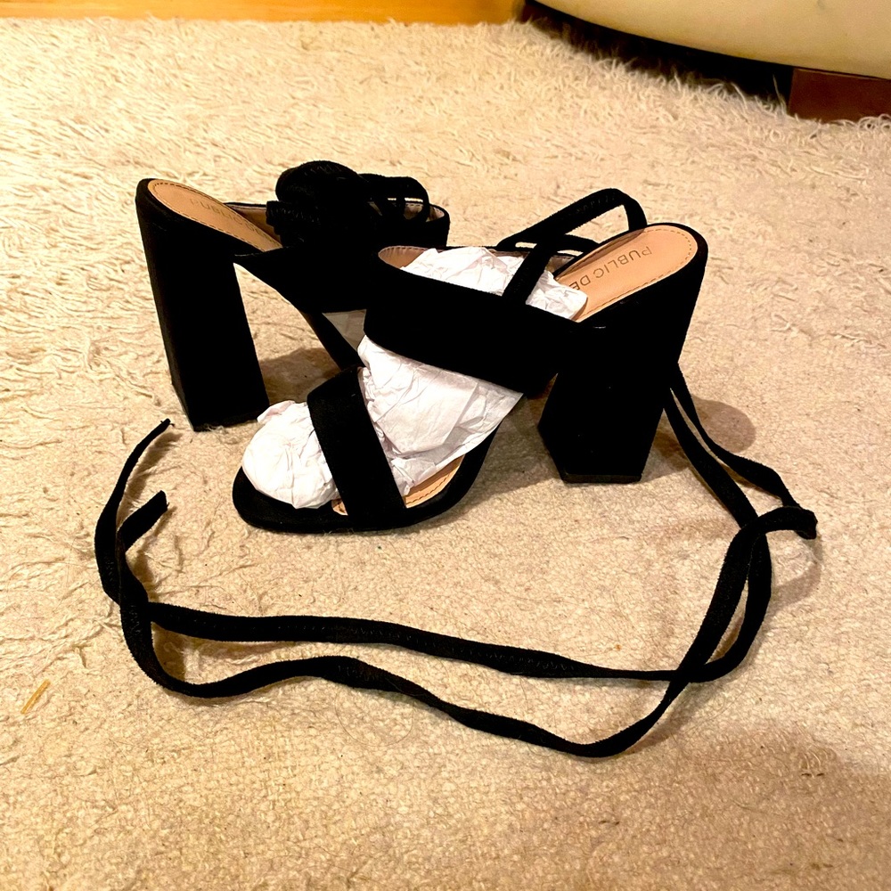 Block Heel Black Lace Up Sandal Heels